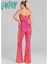 Lunivop Women Christmas Sexy Backless Chain Mesh Sequins Pink Bodycon Jumpsuit High Street Rompers